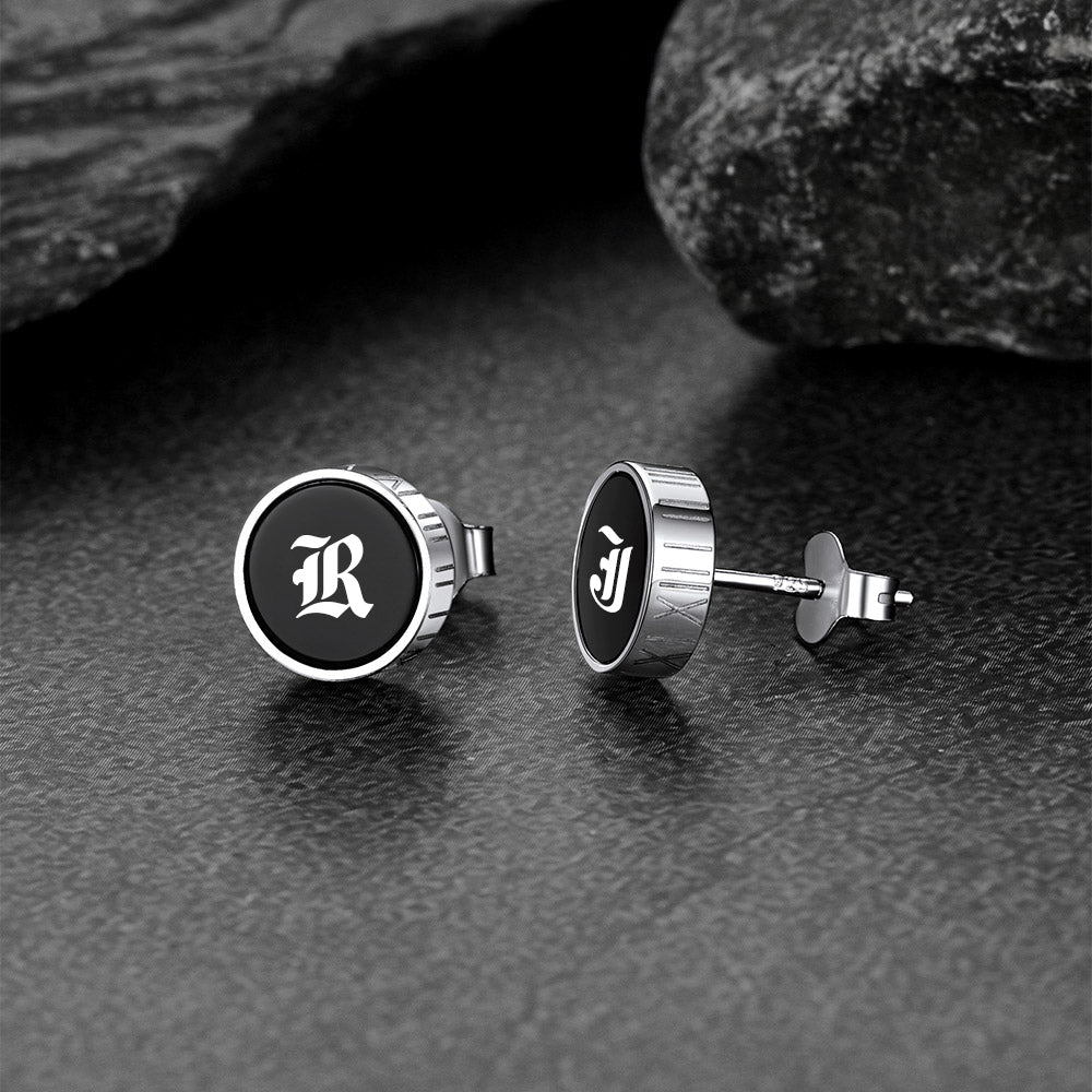 Engraved Roman Numerals Black Onyx Stud Earrings