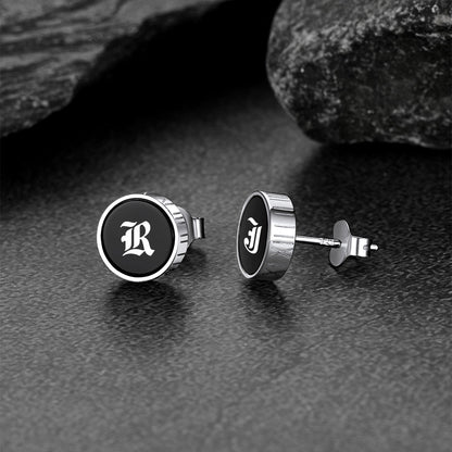 Engraved Roman Numerals Black Onyx Stud Earrings