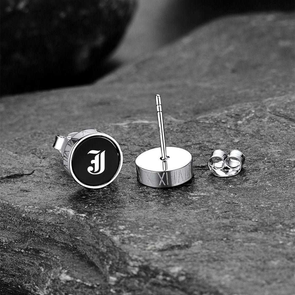 Engraved Roman Numerals Black Onyx Stud Earrings