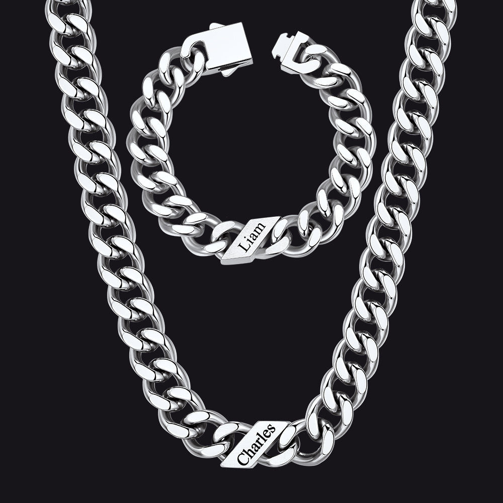Engraved Names Cuban Chain & Bracelet Set Gift for Men Husband