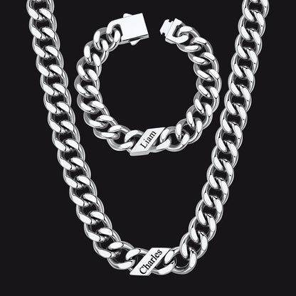 Engraved Names Cuban Chain & Bracelet Set Gift for Men Husband
