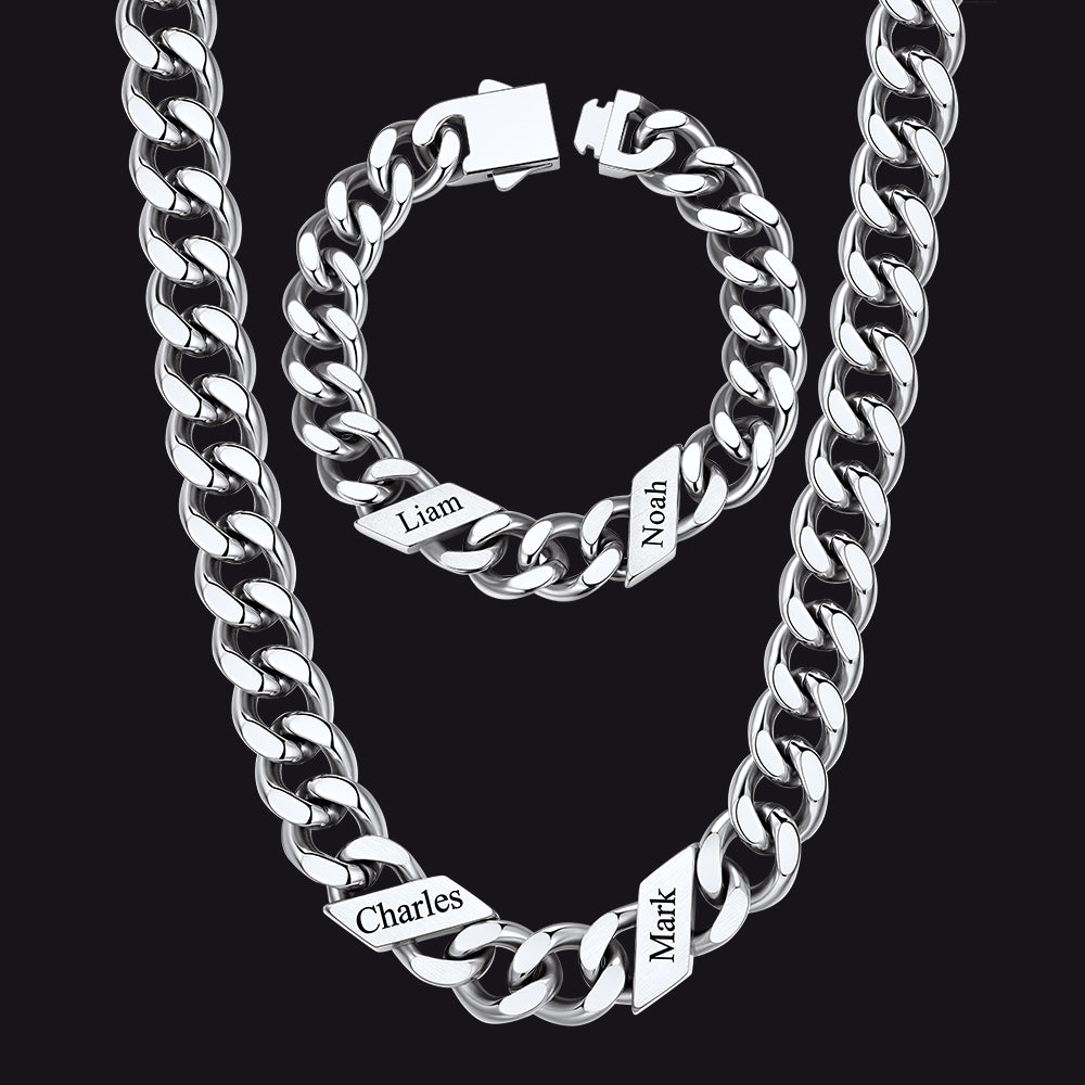 Engraved Names Cuban Chain & Bracelet Set Gift for Men Husband
