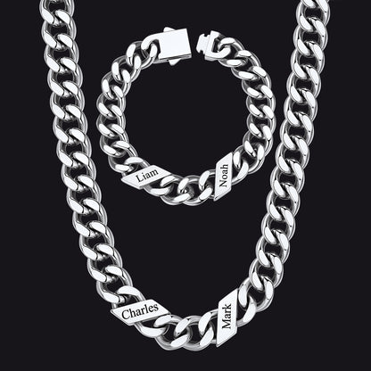 Engraved Names Cuban Chain & Bracelet Set Gift for Men Husband