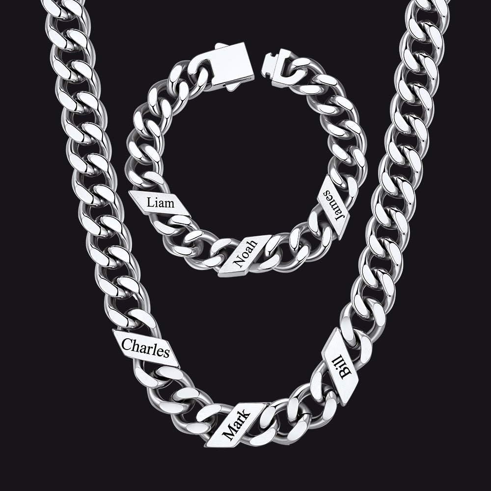 Engraved Names Cuban Chain & Bracelet Set Gift for Men Husband