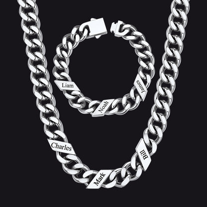 Engraved Names Cuban Chain & Bracelet Set Gift for Men Husband