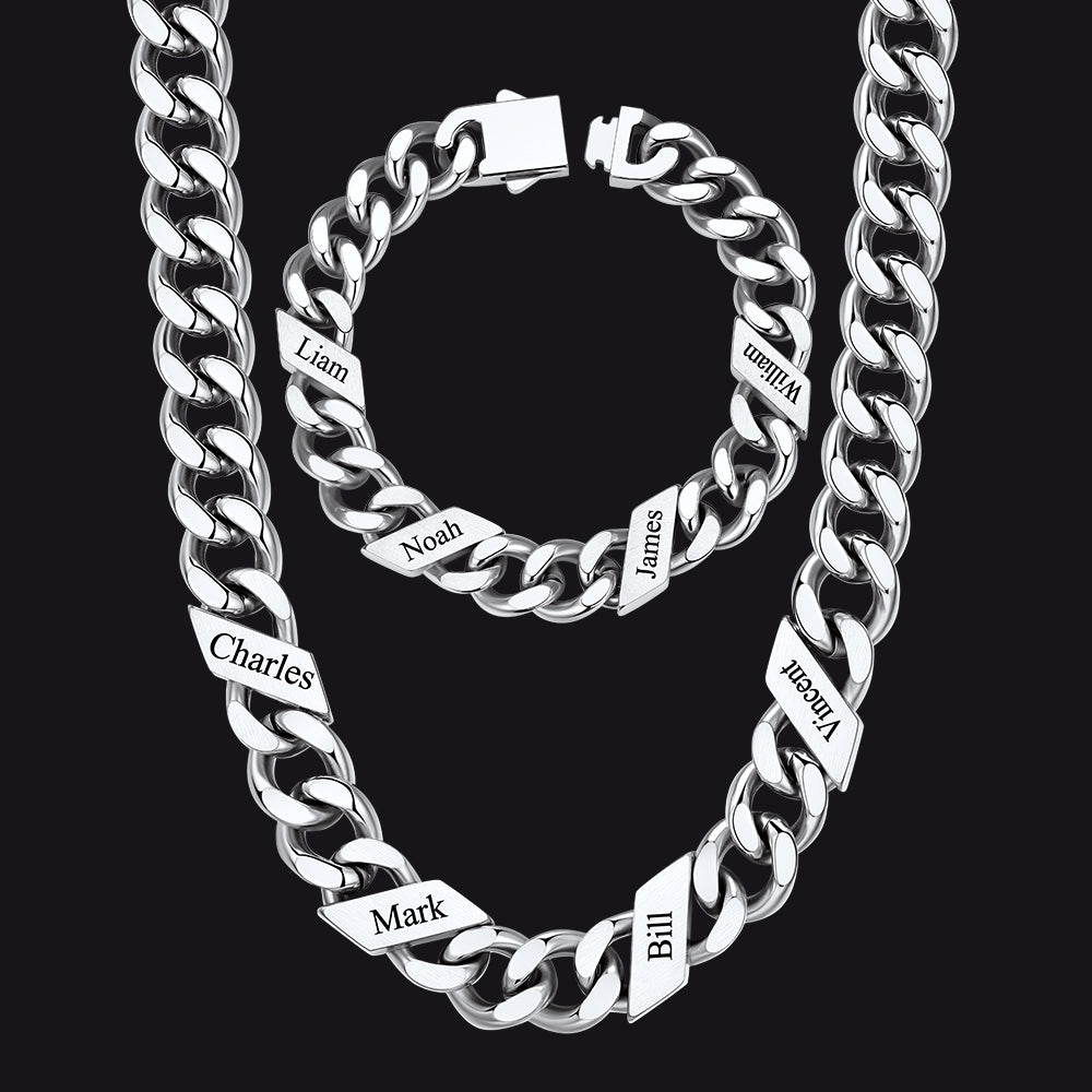 Engraved Names Cuban Chain & Bracelet Set Gift for Men Husband