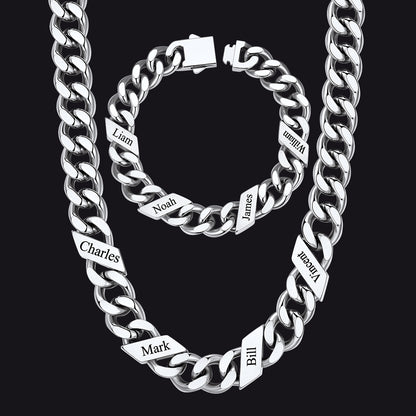 Engraved Names Cuban Chain & Bracelet Set Gift for Men Husband