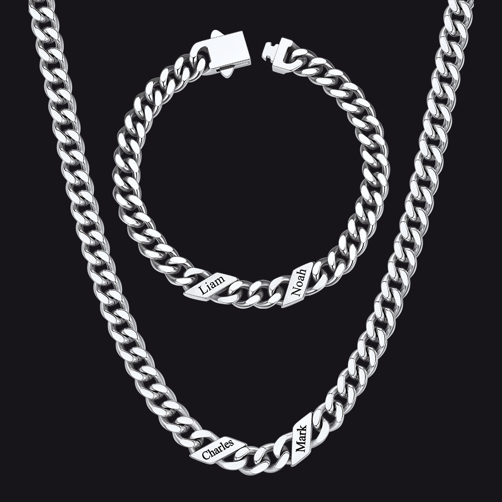 Engraved Names Cuban Chain & Bracelet Set Gift for Men Husband