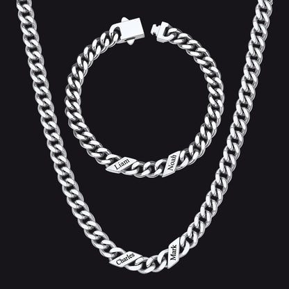 Engraved Names Cuban Chain & Bracelet Set Gift for Men Husband