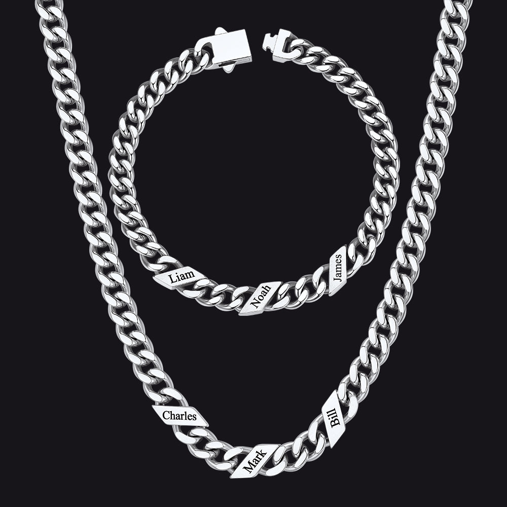 Engraved Names Cuban Chain & Bracelet Set Gift for Men Husband