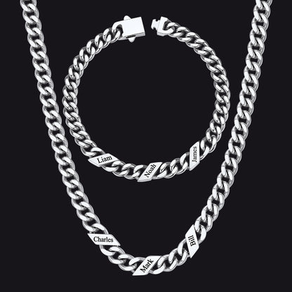 Engraved Names Cuban Chain & Bracelet Set Gift for Men Husband