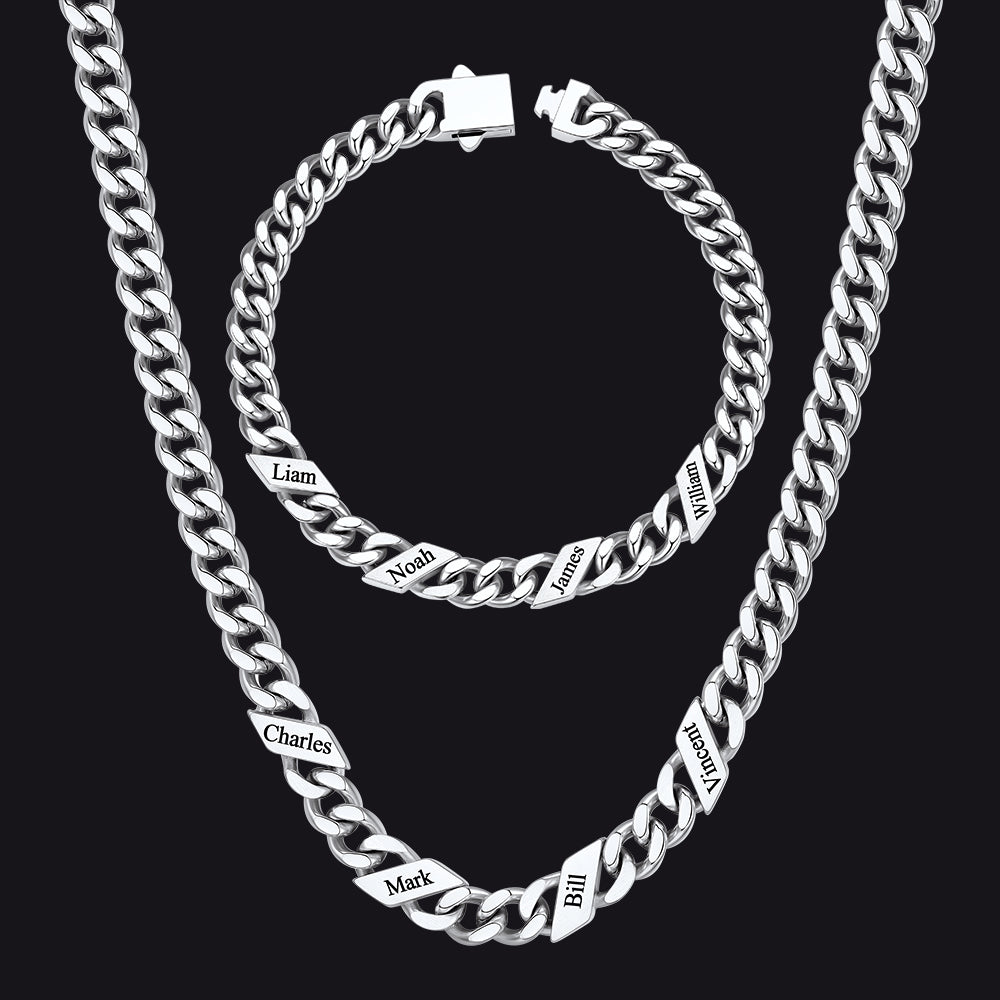 Engraved Names Cuban Chain & Bracelet Set Gift for Men Husband