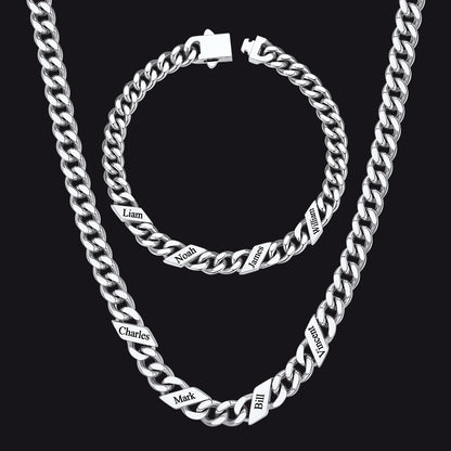 Engraved Names Cuban Chain & Bracelet Set Gift for Men Husband