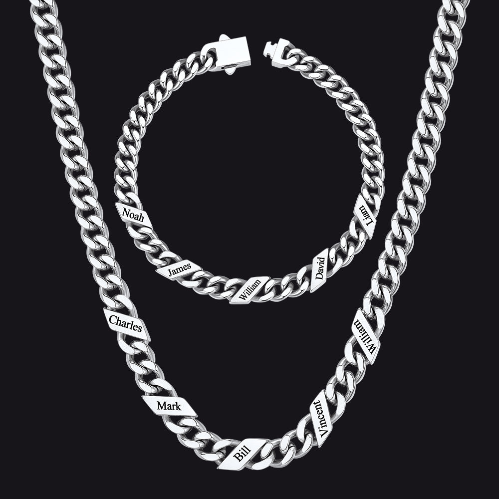 Engraved Names Cuban Chain & Bracelet Set Gift for Men Husband