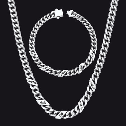 Engraved Names Cuban Chain & Bracelet Set Gift for Men Husband