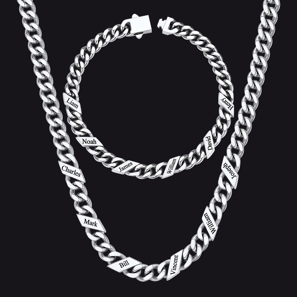 Engraved Names Cuban Chain & Bracelet Set Gift for Men Husband