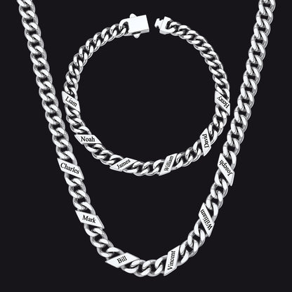 Engraved Names Cuban Chain & Bracelet Set Gift for Men Husband