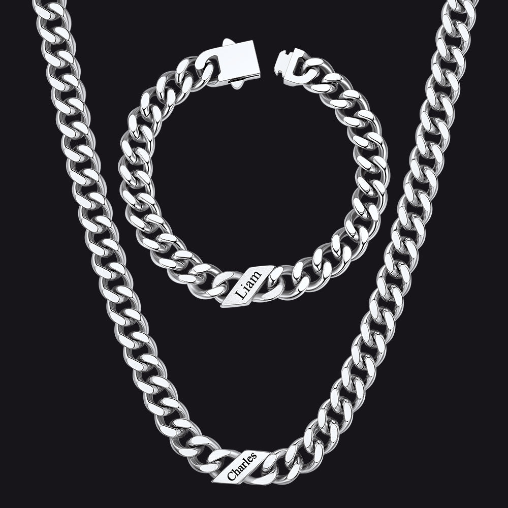 Engraved Names Cuban Chain & Bracelet Set Gift for Men Husband