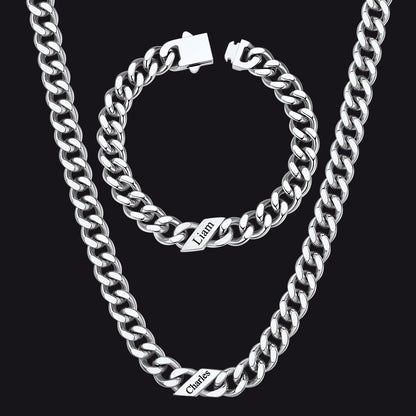 Engraved Names Cuban Chain & Bracelet Set Gift for Men Husband