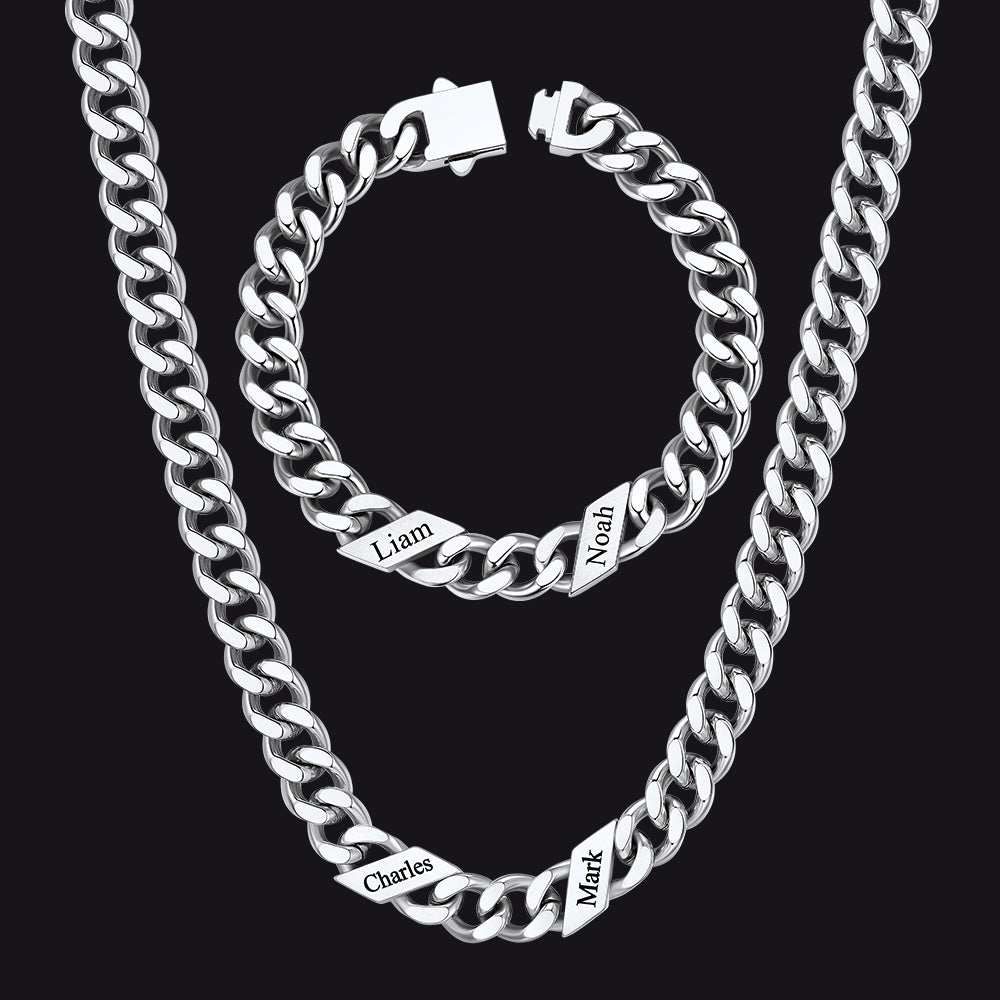 Engraved Names Cuban Chain & Bracelet Set Gift for Men Husband