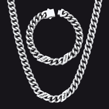 Engraved Names Cuban Chain & Bracelet Set Gift for Men Husband