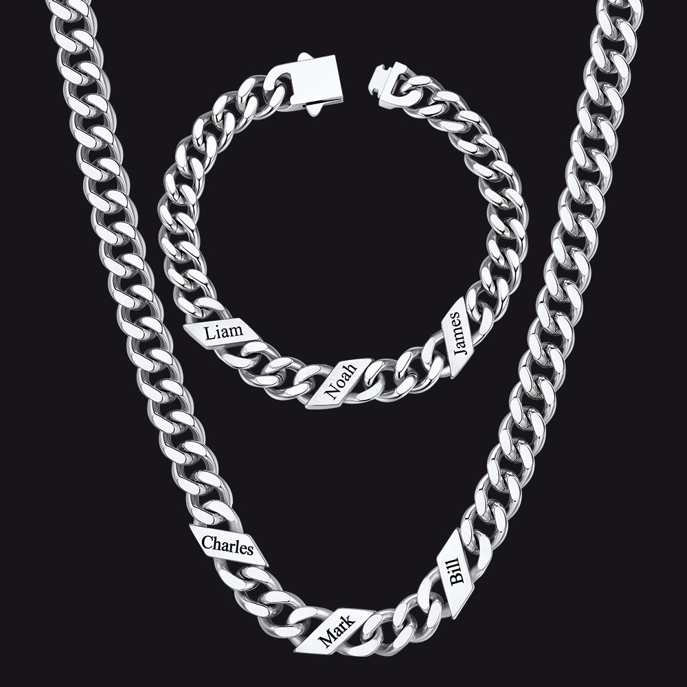 Engraved Names Cuban Chain & Bracelet Set Gift for Men Husband