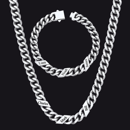 Engraved Names Cuban Chain & Bracelet Set Gift for Men Husband