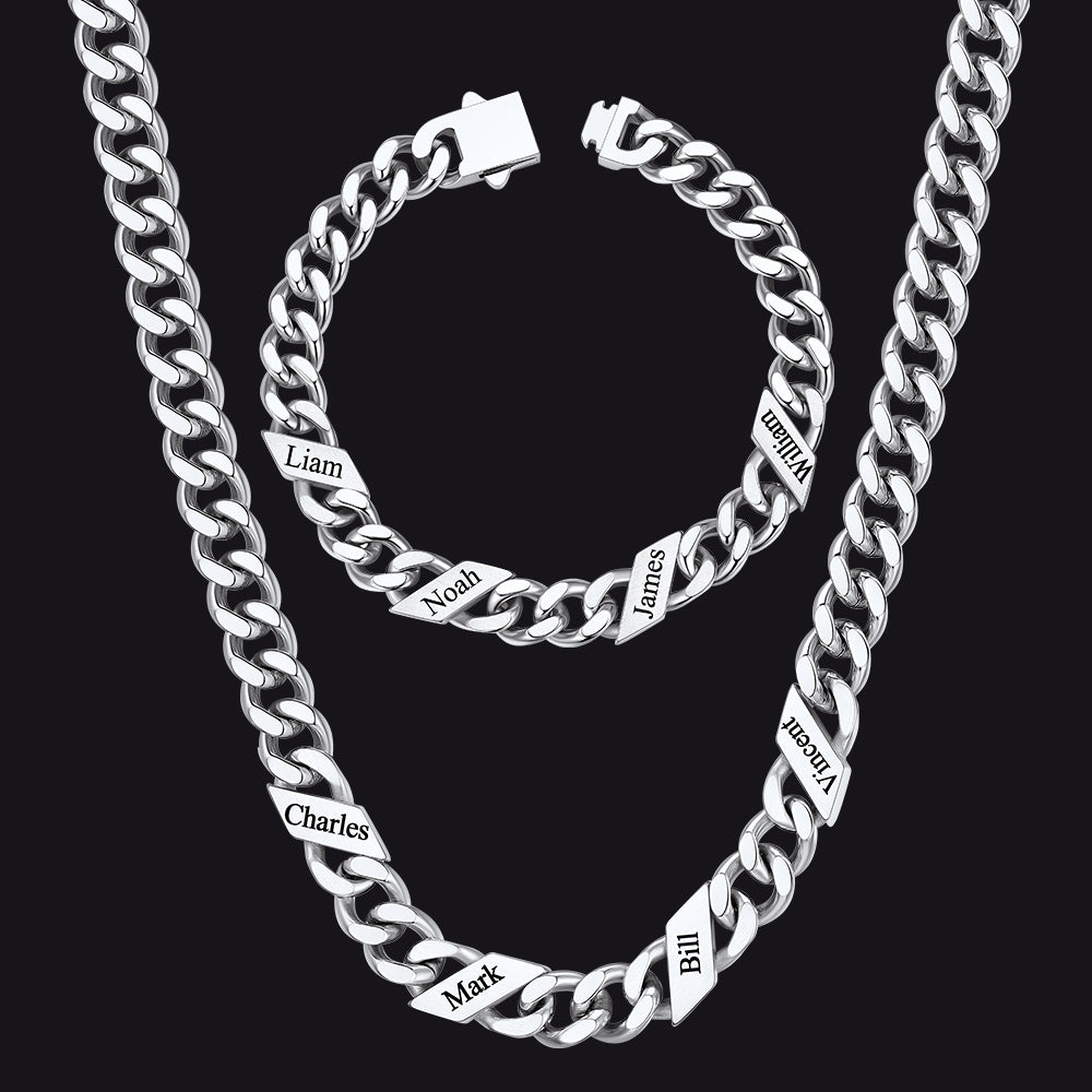 Engraved Names Cuban Chain & Bracelet Set Gift for Men Husband