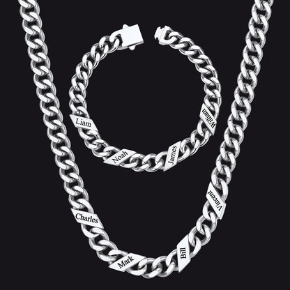 Engraved Names Cuban Chain & Bracelet Set Gift for Men Husband