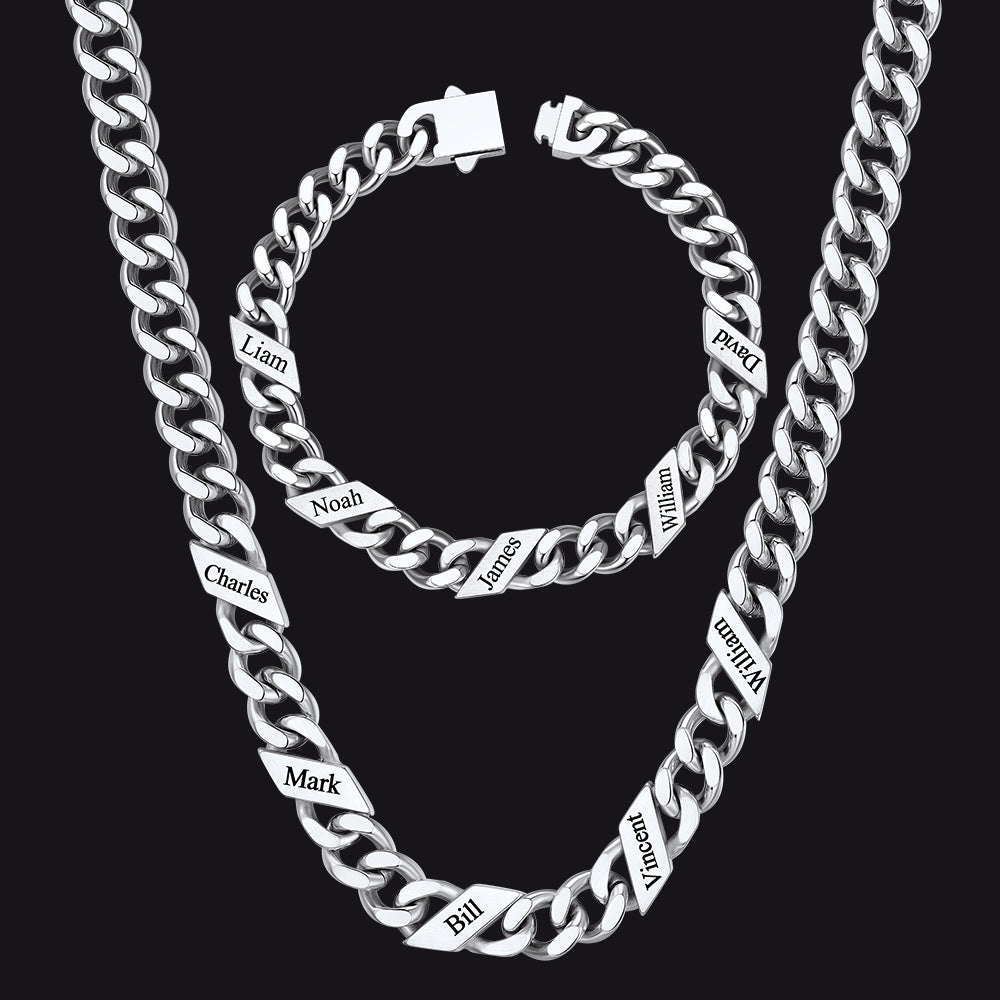 Engraved Names Cuban Chain & Bracelet Set Gift for Men Husband