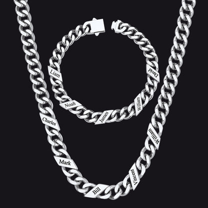 Engraved Names Cuban Chain & Bracelet Set Gift for Men Husband