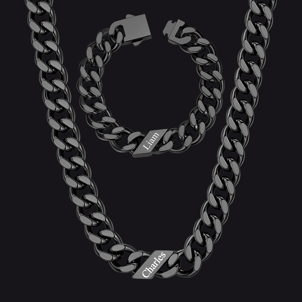 Engraved Names Cuban Chain & Bracelet Set Gift for Men Husband