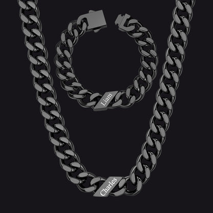 Engraved Names Cuban Chain & Bracelet Set Gift for Men Husband
