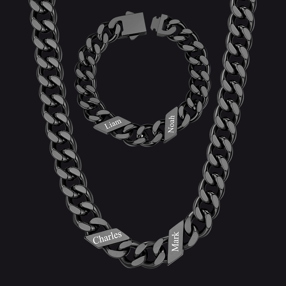 Engraved Names Cuban Chain & Bracelet Set Gift for Men Husband