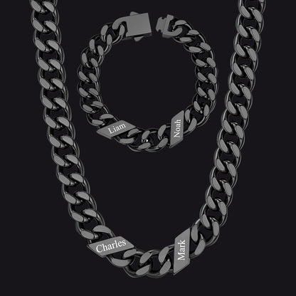 Engraved Names Cuban Chain & Bracelet Set Gift for Men Husband