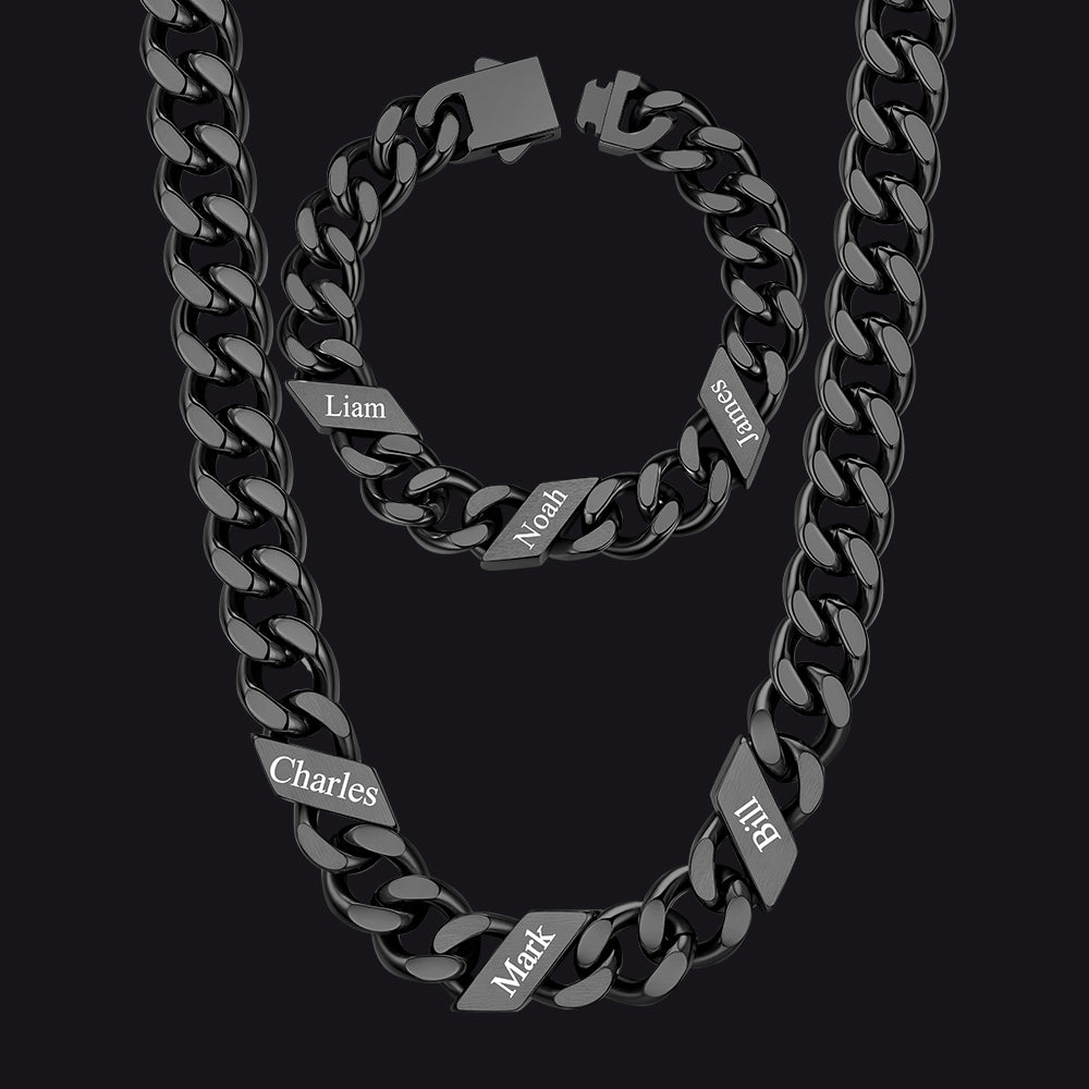 Engraved Names Cuban Chain & Bracelet Set Gift for Men Husband