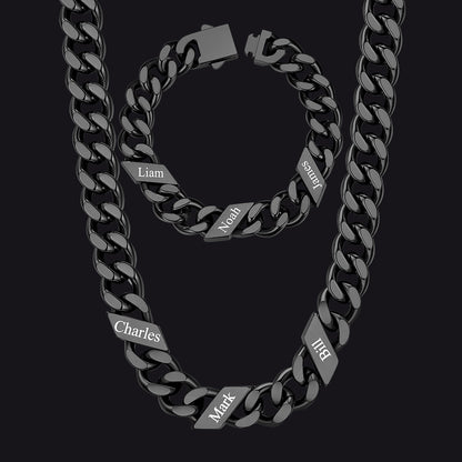 Engraved Names Cuban Chain & Bracelet Set Gift for Men Husband