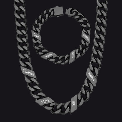 Engraved Names Cuban Chain & Bracelet Set Gift for Men Husband