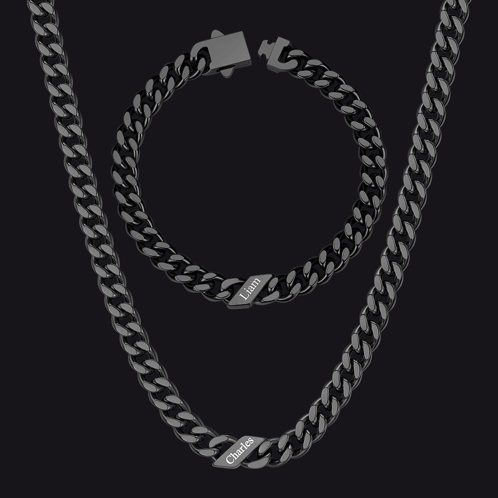 Engraved Names Cuban Chain & Bracelet Set Gift for Men Husband