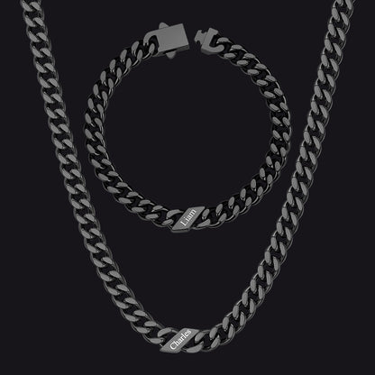 Engraved Names Cuban Chain & Bracelet Set Gift for Men Husband