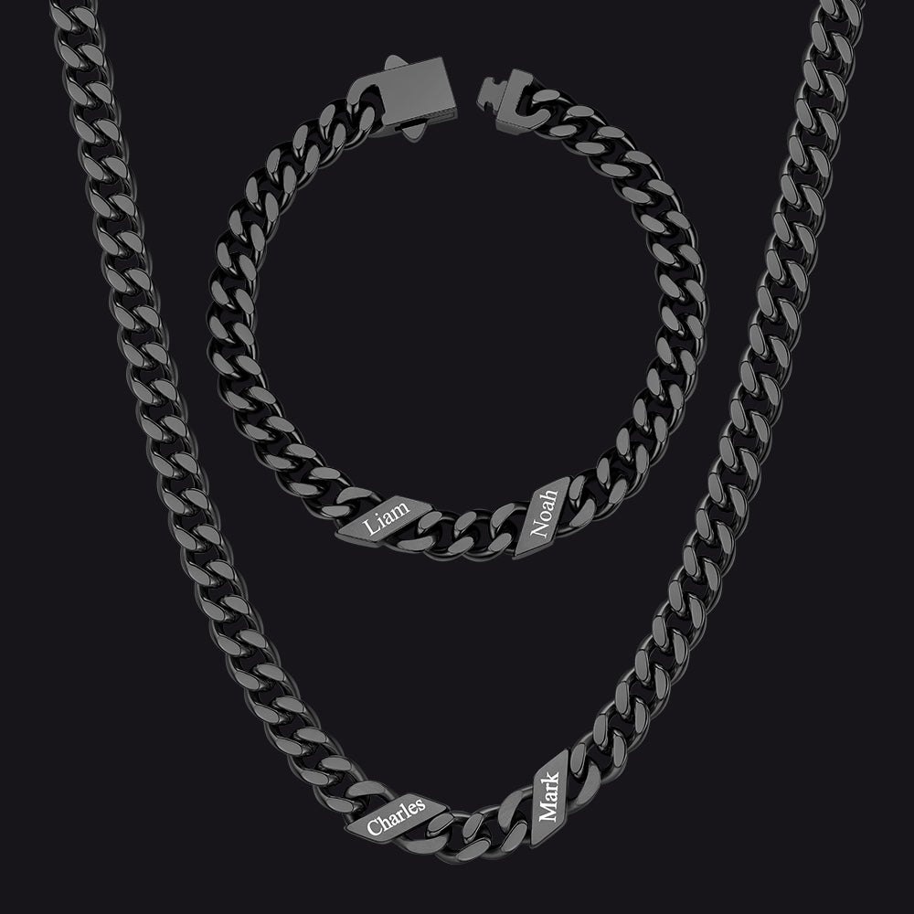 Engraved Names Cuban Chain & Bracelet Set Gift for Men Husband