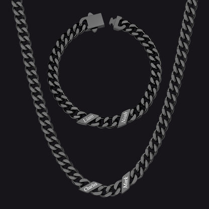 Engraved Names Cuban Chain & Bracelet Set Gift for Men Husband