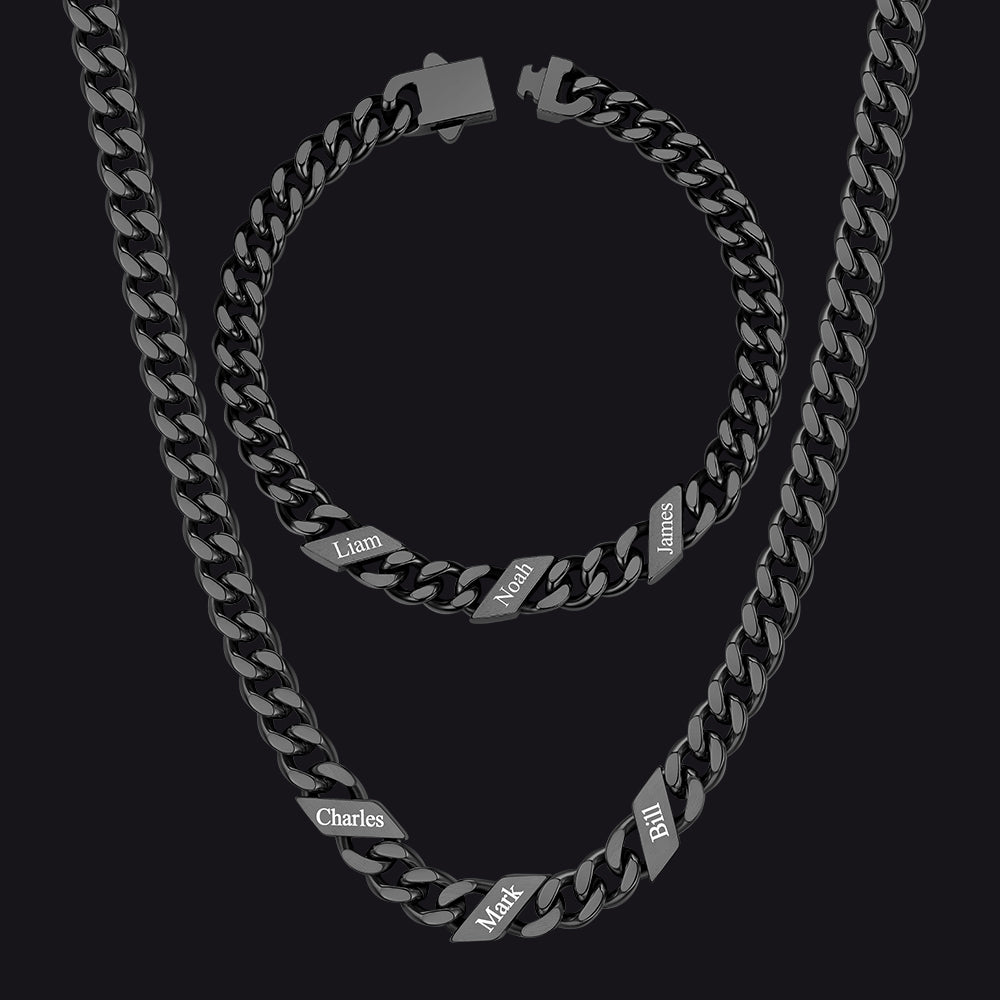 Engraved Names Cuban Chain & Bracelet Set Gift for Men Husband