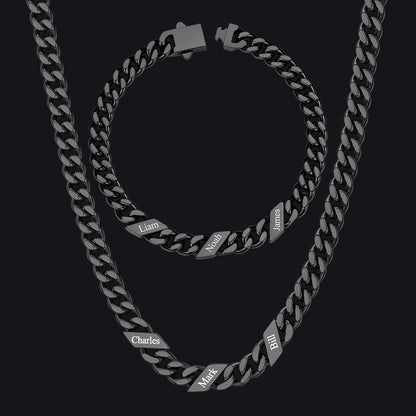 Engraved Names Cuban Chain & Bracelet Set Gift for Men Husband