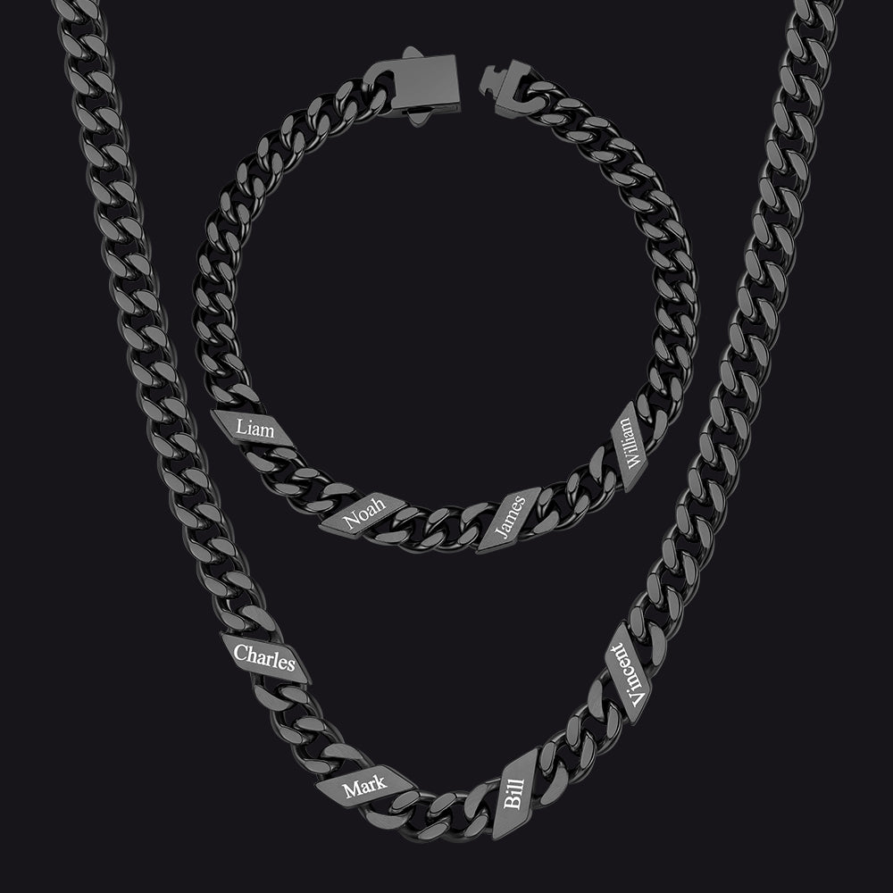 Engraved Names Cuban Chain & Bracelet Set Gift for Men Husband