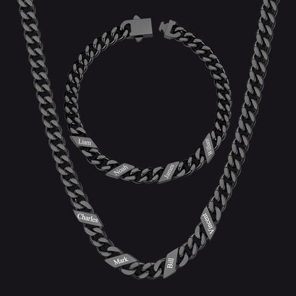 Engraved Names Cuban Chain & Bracelet Set Gift for Men Husband
