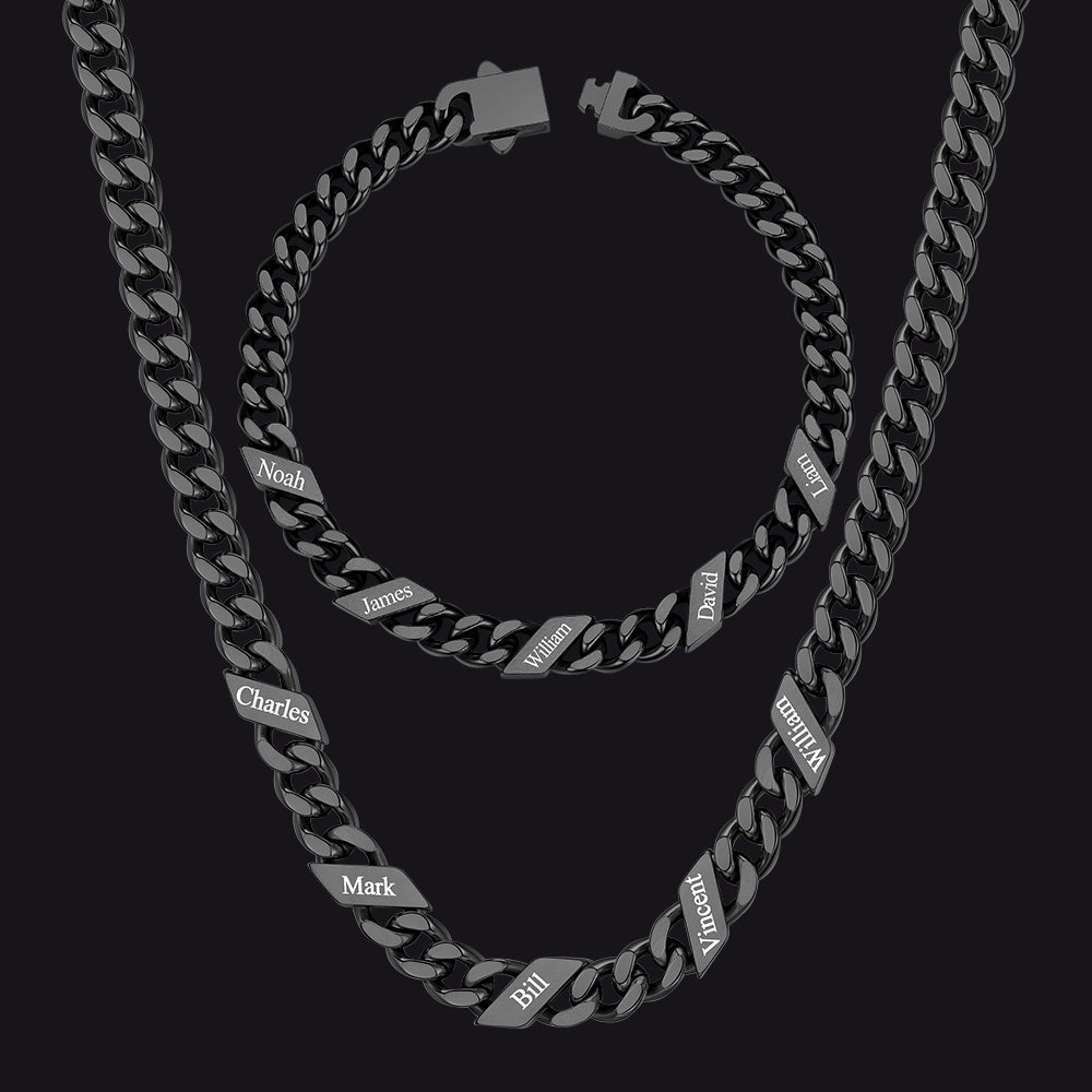 Engraved Names Cuban Chain & Bracelet Set Gift for Men Husband