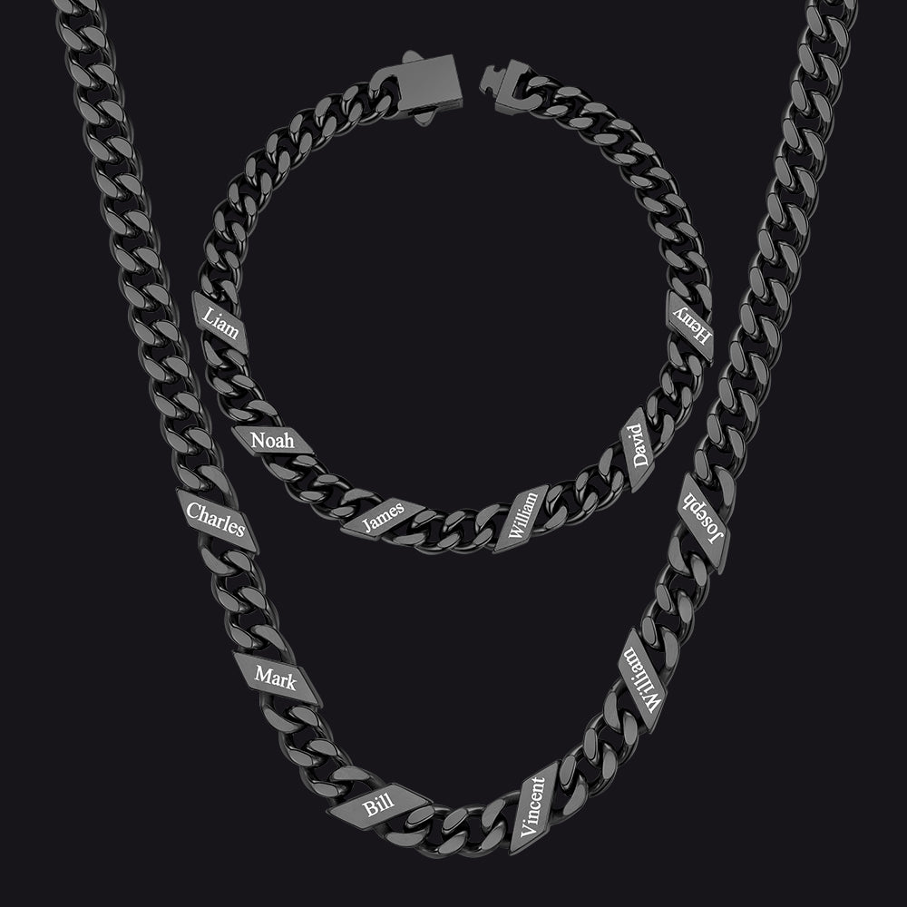 Engraved Names Cuban Chain & Bracelet Set Gift for Men Husband