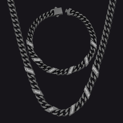Engraved Names Cuban Chain & Bracelet Set Gift for Men Husband