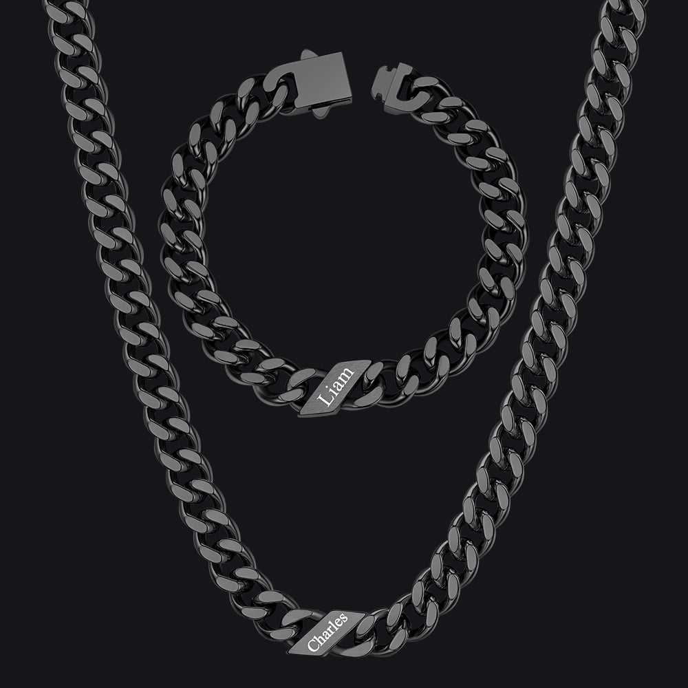 Engraved Names Cuban Chain & Bracelet Set Gift for Men Husband